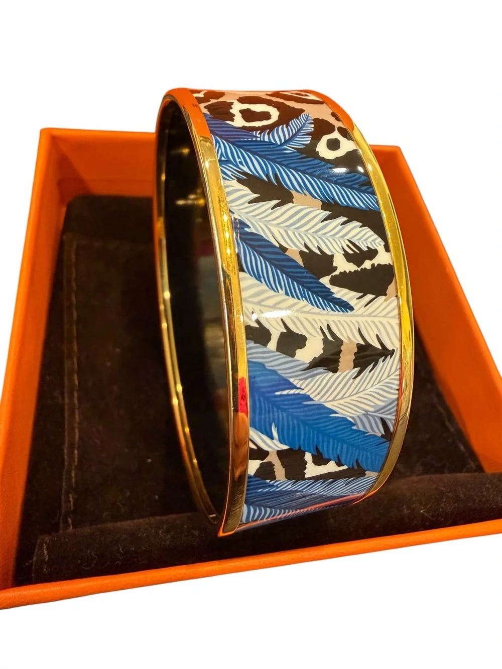 Hermes Blue, Beige & Black Enamel Bangle with Gold Trim
